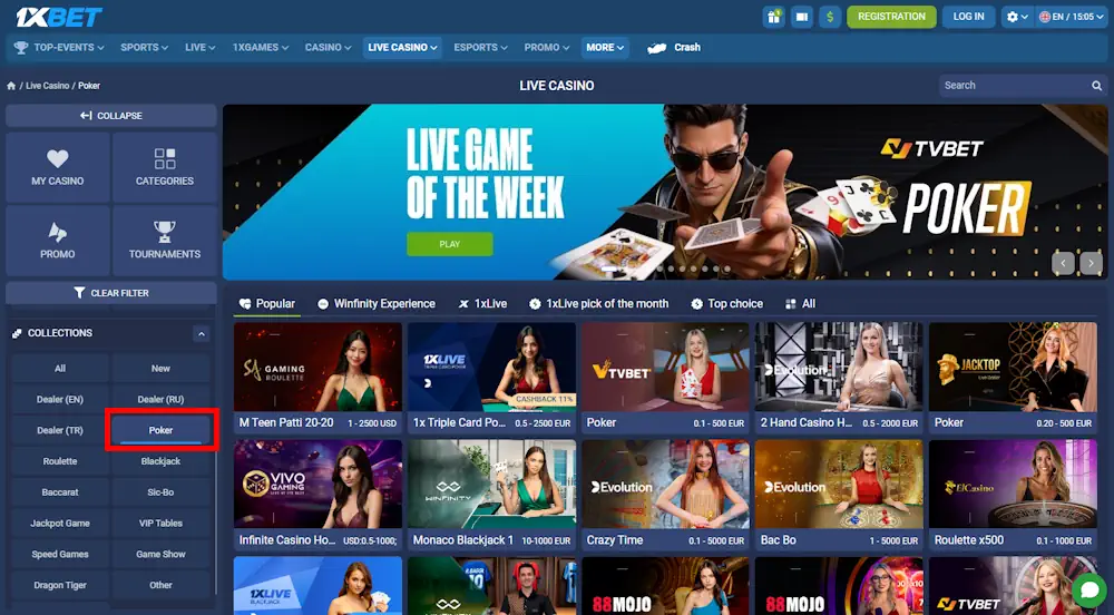 1xBet Casino Poker Games Screenshot